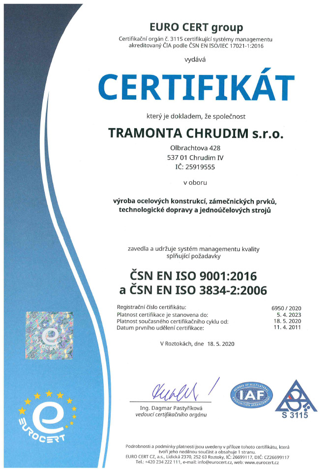 Certifikace - TRAMONTA CHRUDIM